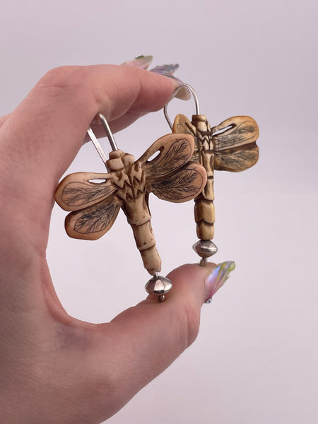 sterling silver large carved material dragonfly dangle earrings