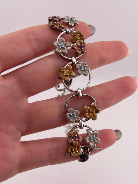sterling silver & gold plated mult-gemstone flower link bracelet