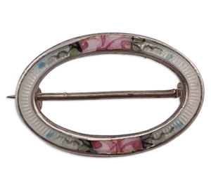 sterling silver small painted flower enamel oval brooch pin