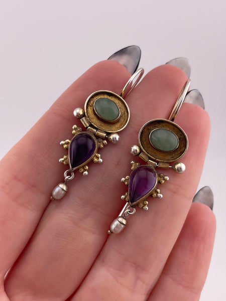 sterling silver gold wash amethyst, jade, & pearl dangle earrings