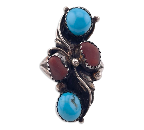 size 8 sterling silver turquoise coral ring