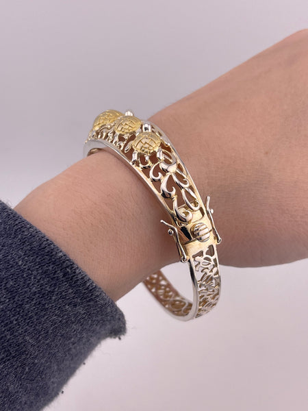 sterling silver gold plated 7 5/8" sea turtle hinge bangle bracelet