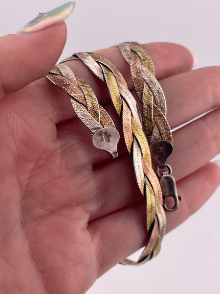 sterling silver gold wash 18" tri-color woven textured herringbone chain necklace
