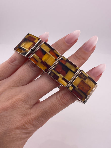 sterling silver amber inlay panel link bracelet **AS IS**