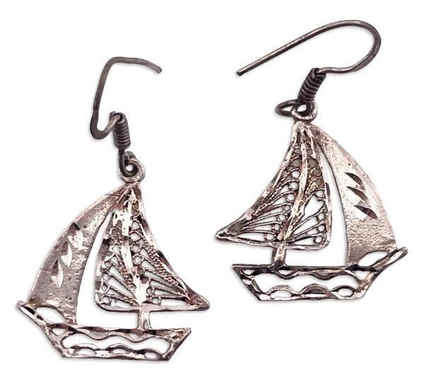 sterling silver rhodium plated etched sailboat hook dangle earrings