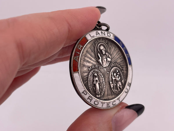 sterling silver large enamel Saint Christopher religious protection pendant