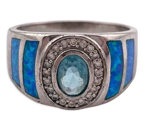 size 9.75 sterling silver faceted blue glass rhinestone synthetic opal ring