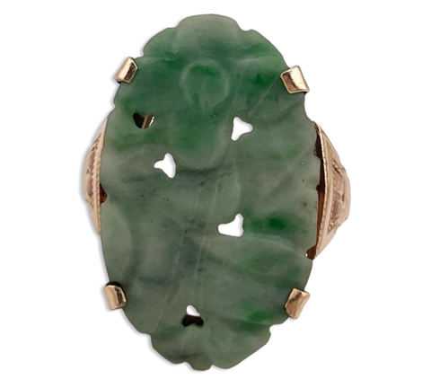 size 5.25 10k yellow gold carved jade flower ring