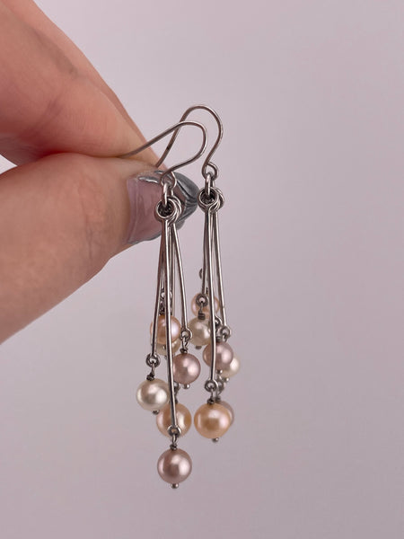 sterling silver 2-1/4" faux pearl hook dangle earrings