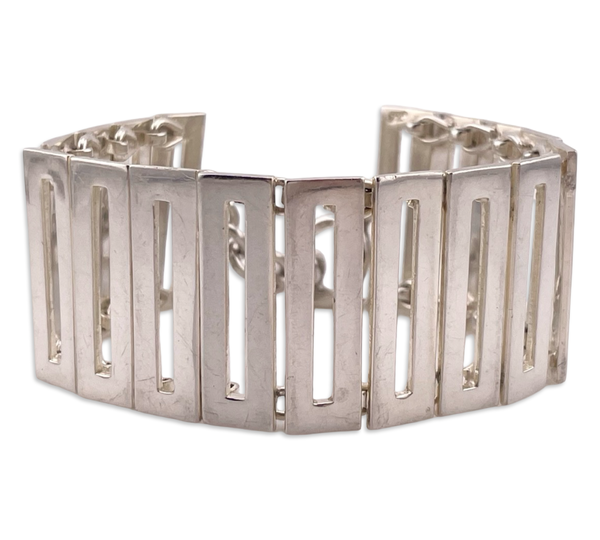 sterling silver Mexican chunky heavy rectangle cut-out panel toggle clasp link bracelet