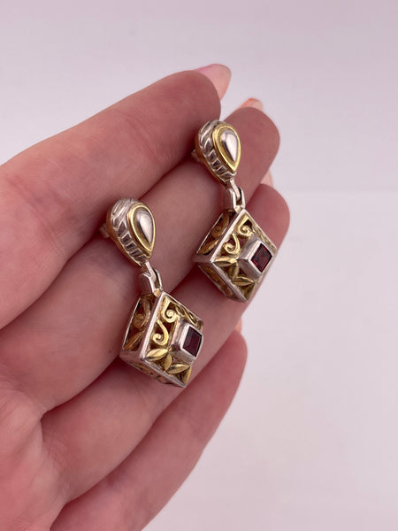 sterling silver & gold plated faceted garnet door-knocker post dangle earrings