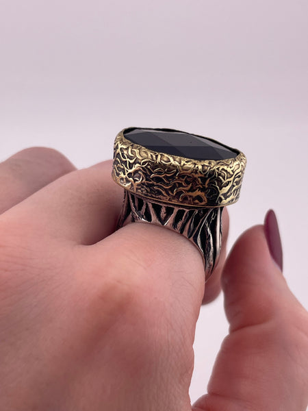 size 8.25 sterling silver & brass faceted onyx textured ring