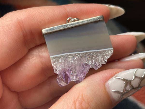 sterling silver raw amethyst slice pendant