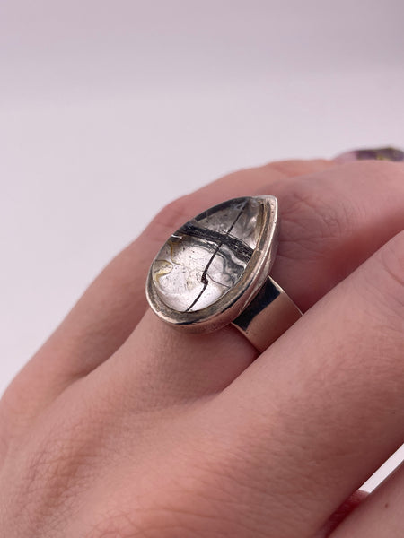 size 7 sterling silver pear shape black rod rutilated quartz adjustable band ring