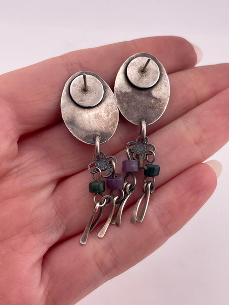 sterling silver & brass purple plastic green glass beads earrings ***Not Sterling Posts***