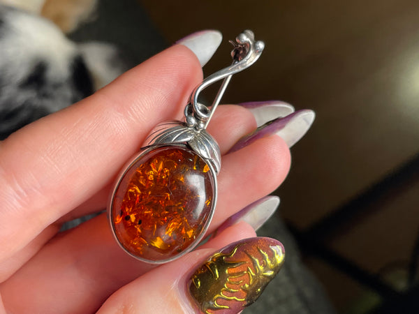 sterling silver amber leaf brooch pin