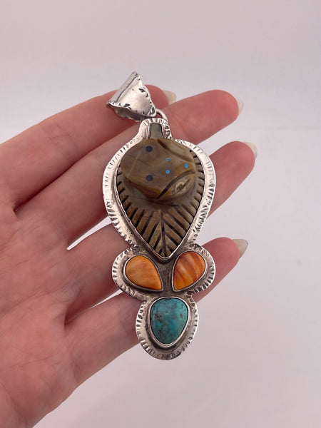 sterling silver large 3-3/8" frog turquoise jasper spiny oyster pendant