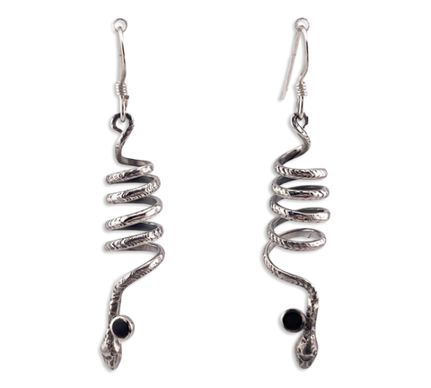sterling silver coiled snake synthetic onyx hook dangle earrings
