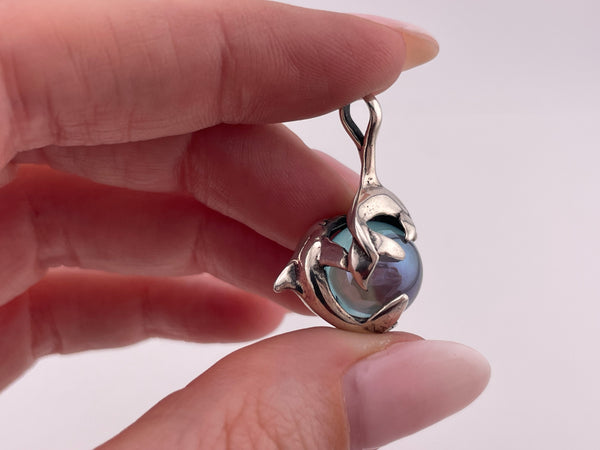 sterling silver dolphin blue glass gazing ball pendant