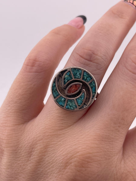 size 7.5 sterling silver crushed turquoise coral hummingbird pattern ring