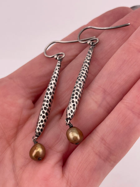 sterling silver textured pearl hook dangle earrings