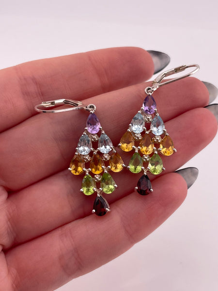 sterling silver colorful multi-gemstone dangle earrings