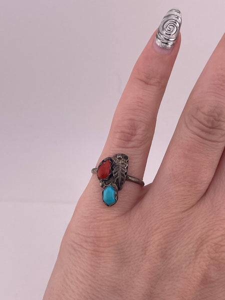 size 6 sterling silver turquoise & coral leaf ring