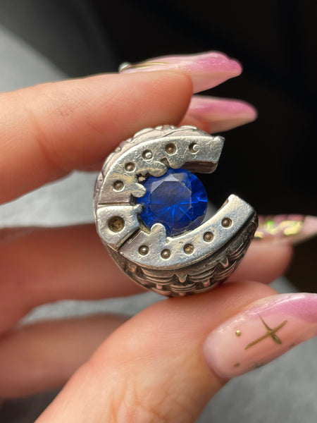 size 11.5 sterling silver faceted blue spinel horseshoe ring