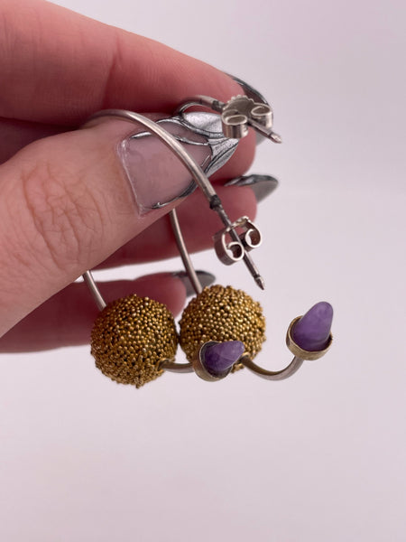 sterling silver amethyst gold wash spinning orbs partial hoop post earrings