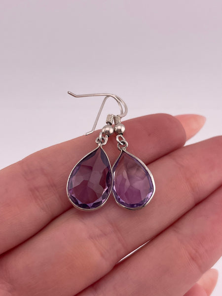 sterling silver faceted pear shape amethyst hook dangle earrings