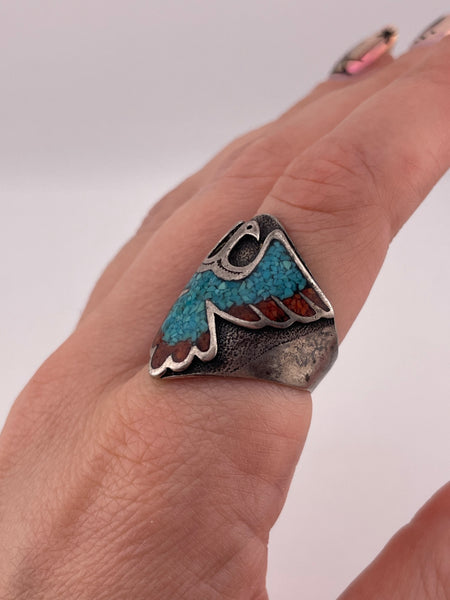size 8.5 sterling silver crushed turquoise & coral bird ring