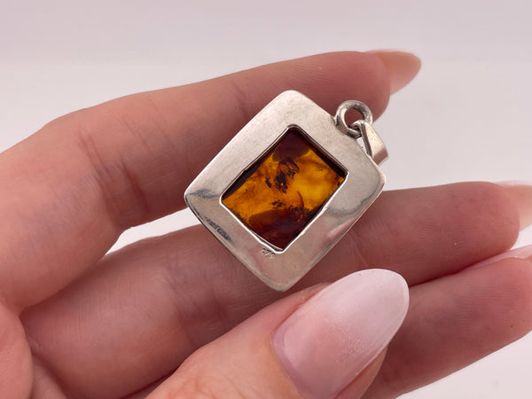 sterling silver rectangle amber pendant