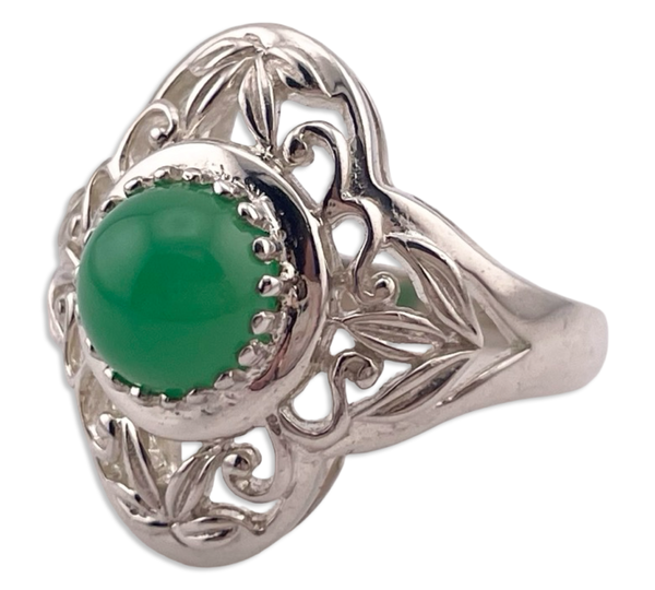 size 7 sterling silver scroll cut-out chrysoprase ring