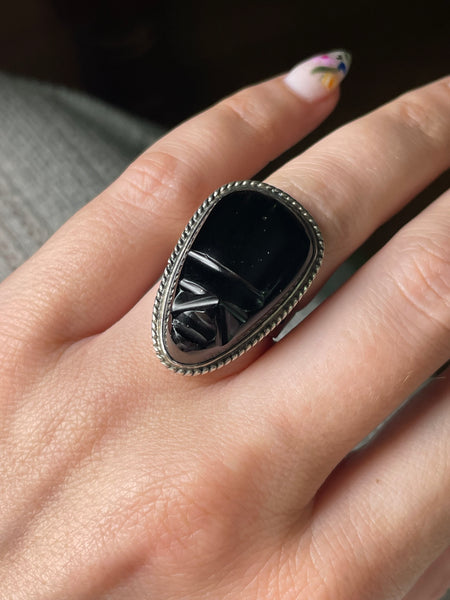 size 6.25 sterling silver rhodium plated carved black onyx face ring