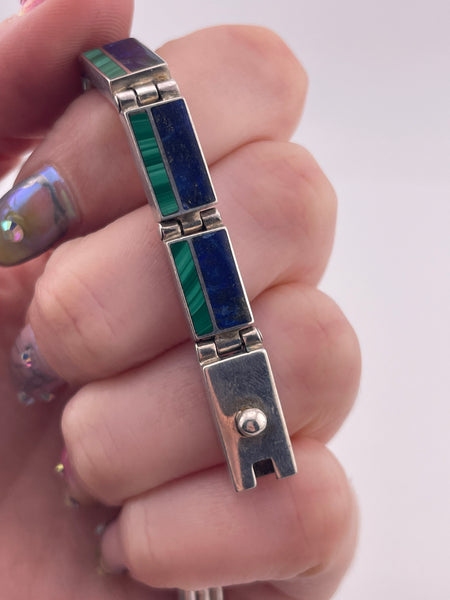 930 silver malachite & lapis link bracelet