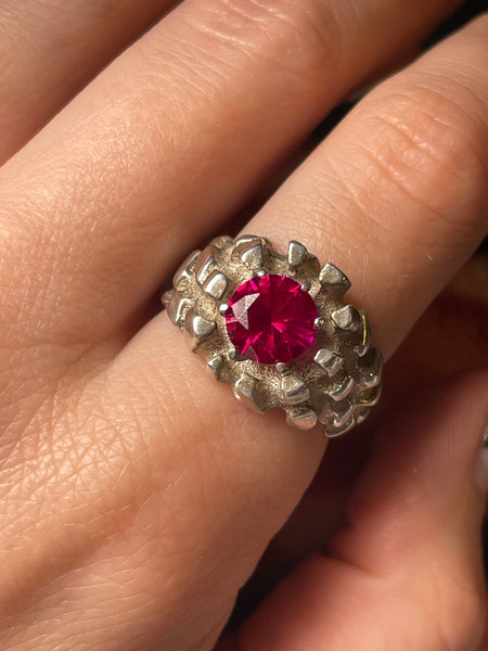 size 9.25 sterling silver brutalist prong set faceted ruby ring
