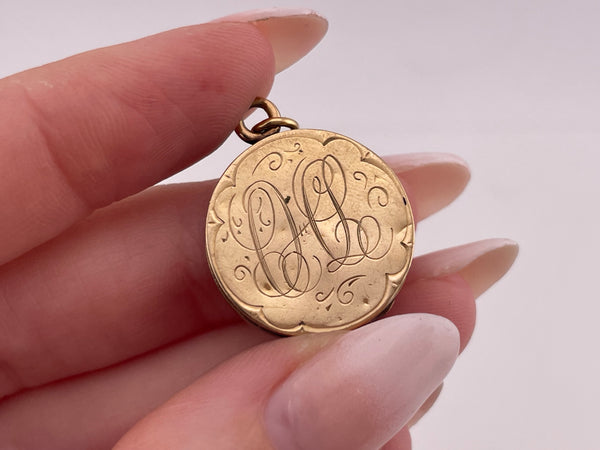 14k yellow gold etched & monogrammed bird locket pendant *dents*