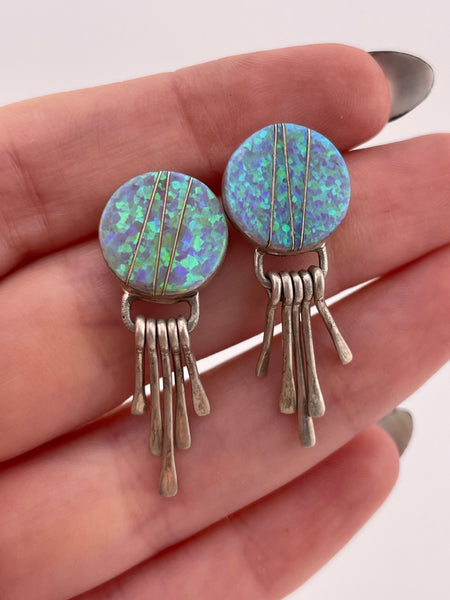 sterling silver synthetic opal inlay round fringe post earrings