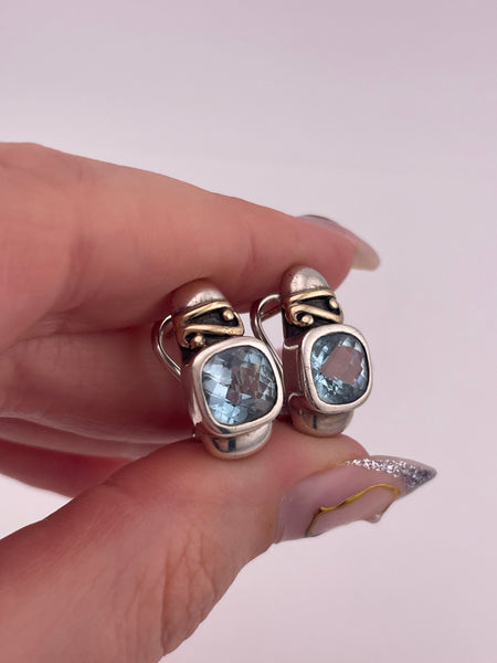 sterling silver & 14k gold faceted blue topaz omega back post earrings