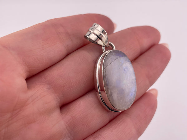 sterling silver oval rainbow moonstone pendant
