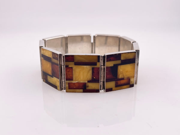 sterling silver amber inlay panel link bracelet **AS IS**