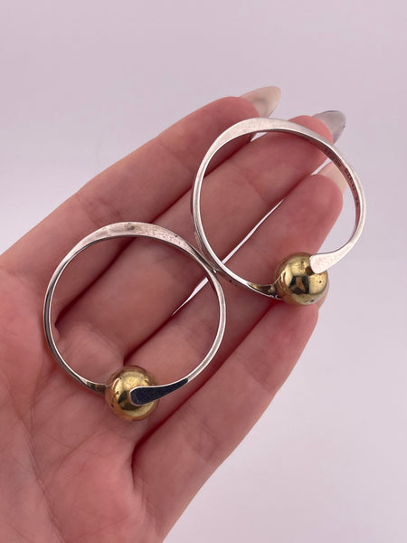 sterling silver & brass Mexican modern stoneless spinning orb post earrings **AS IS**