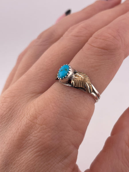size 8.5 sterling silver & brass turquoise leaf ring