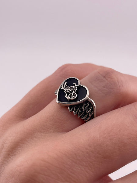 size 6.25 sterling silver black resin heart motorcycle wings ring