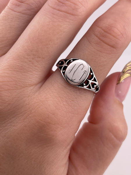size 10 sterling silver rhodium plated 'JCT' initials signet ring