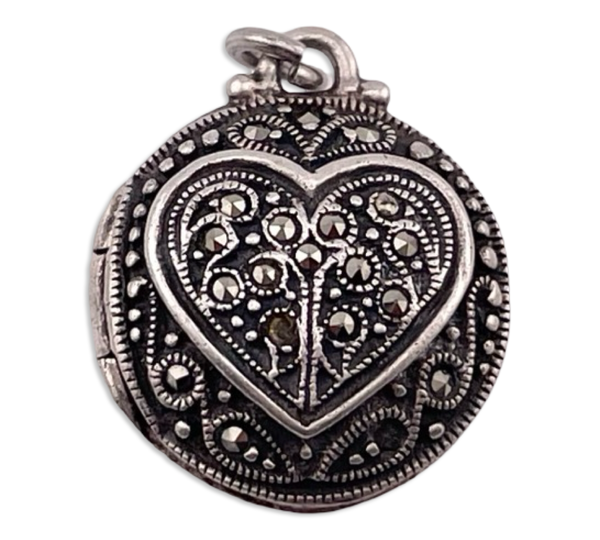 sterling silver marcasite mother of pearl heart round locket pendant ***Missing Marcasite***