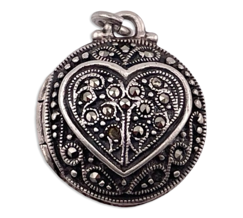 sterling silver marcasite mother of pearl heart round locket pendant ***Missing Marcasite***