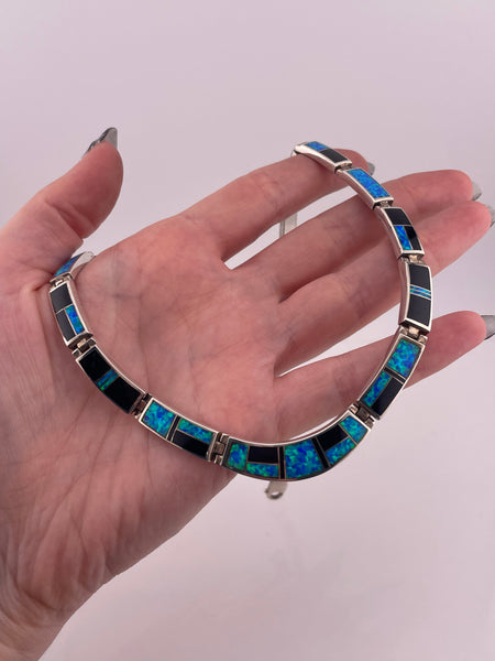 sterling silver 16-3/4" lab opal black jade collar necklace