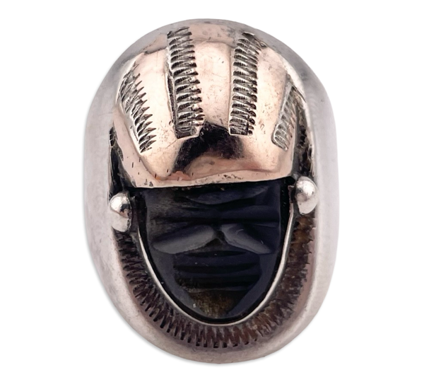 size 8.5 sterling silver gold wash carved gold flake obsidian ring