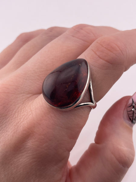 size 8.25 sterling silver pear shape amber ring